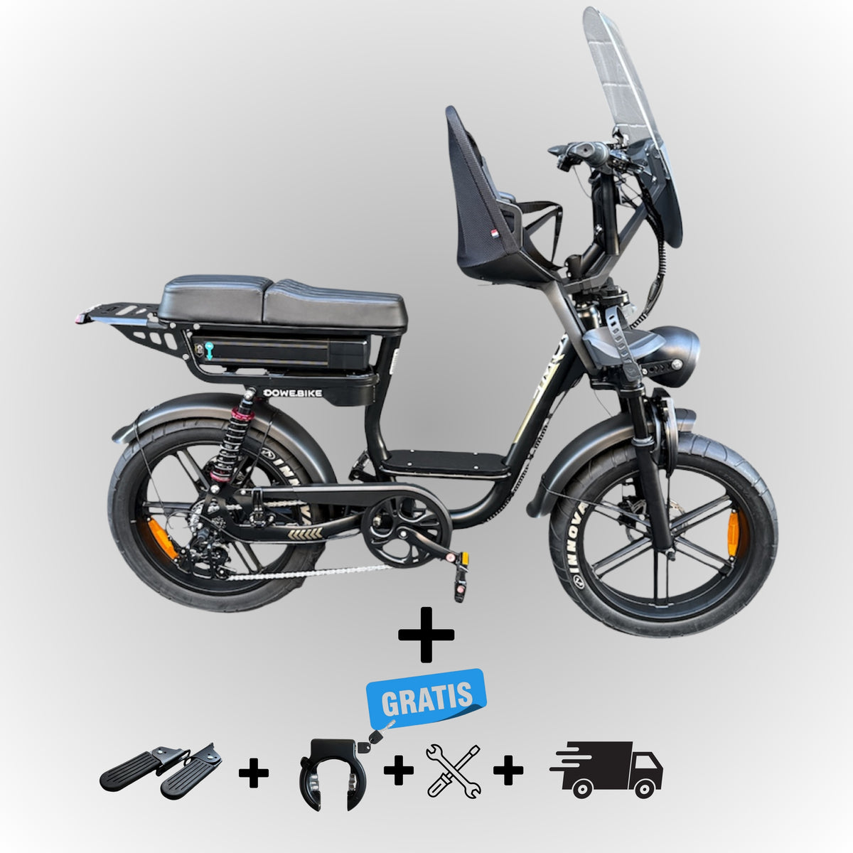 Elektrische fatbike 250W Dowe C28 met kinderzitje voor