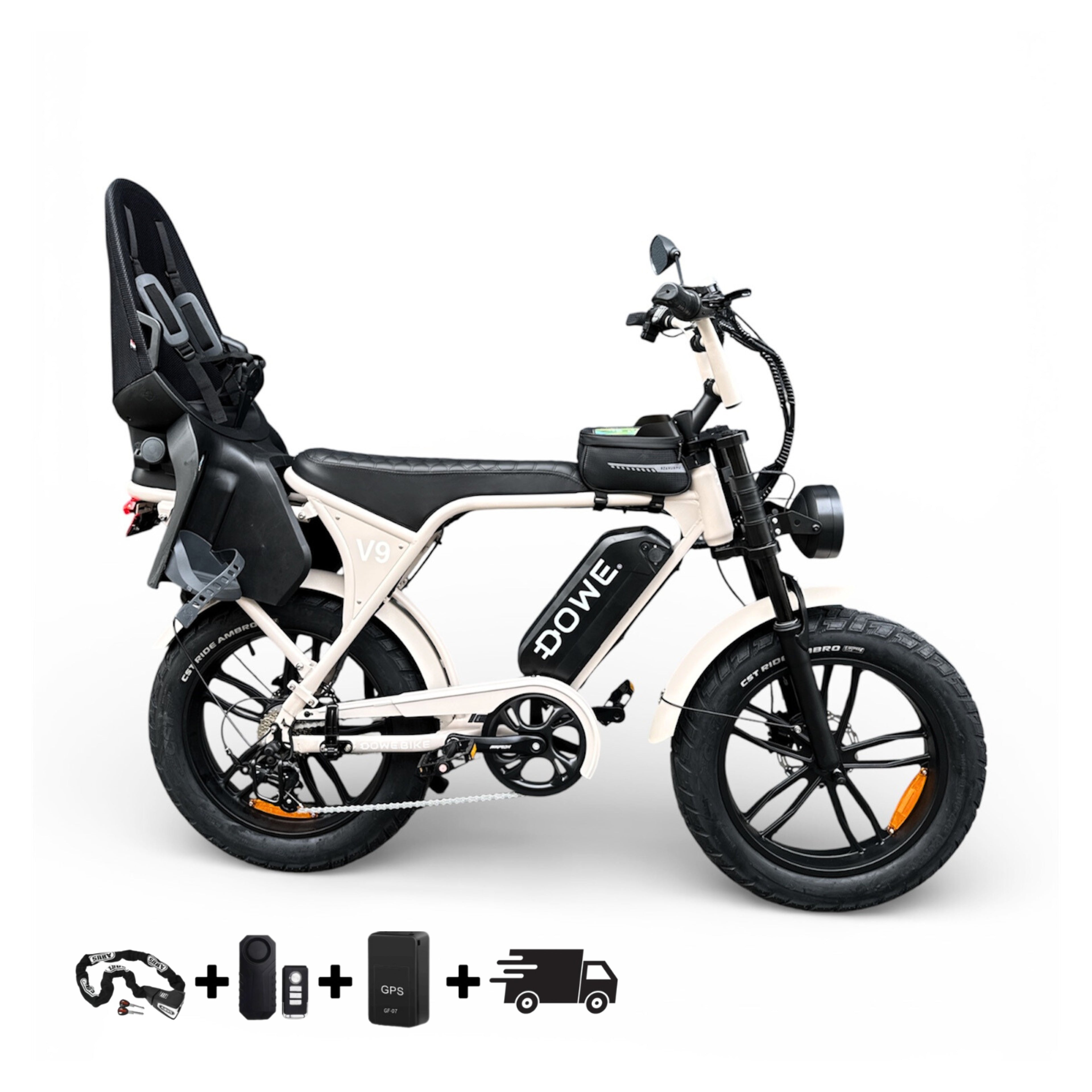 Dowe V9 Elektrische Fatbike met Kinderzitje Achter | Beige Fatbike | Family Fatbike (tot 6 jaar / 22 kg)