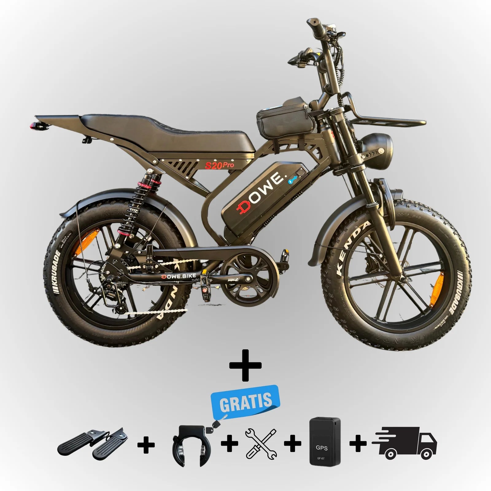 S20 Pro zwart vooraanzicht – premium fatbike met achtervering, hydraulische remmen en 250W motor