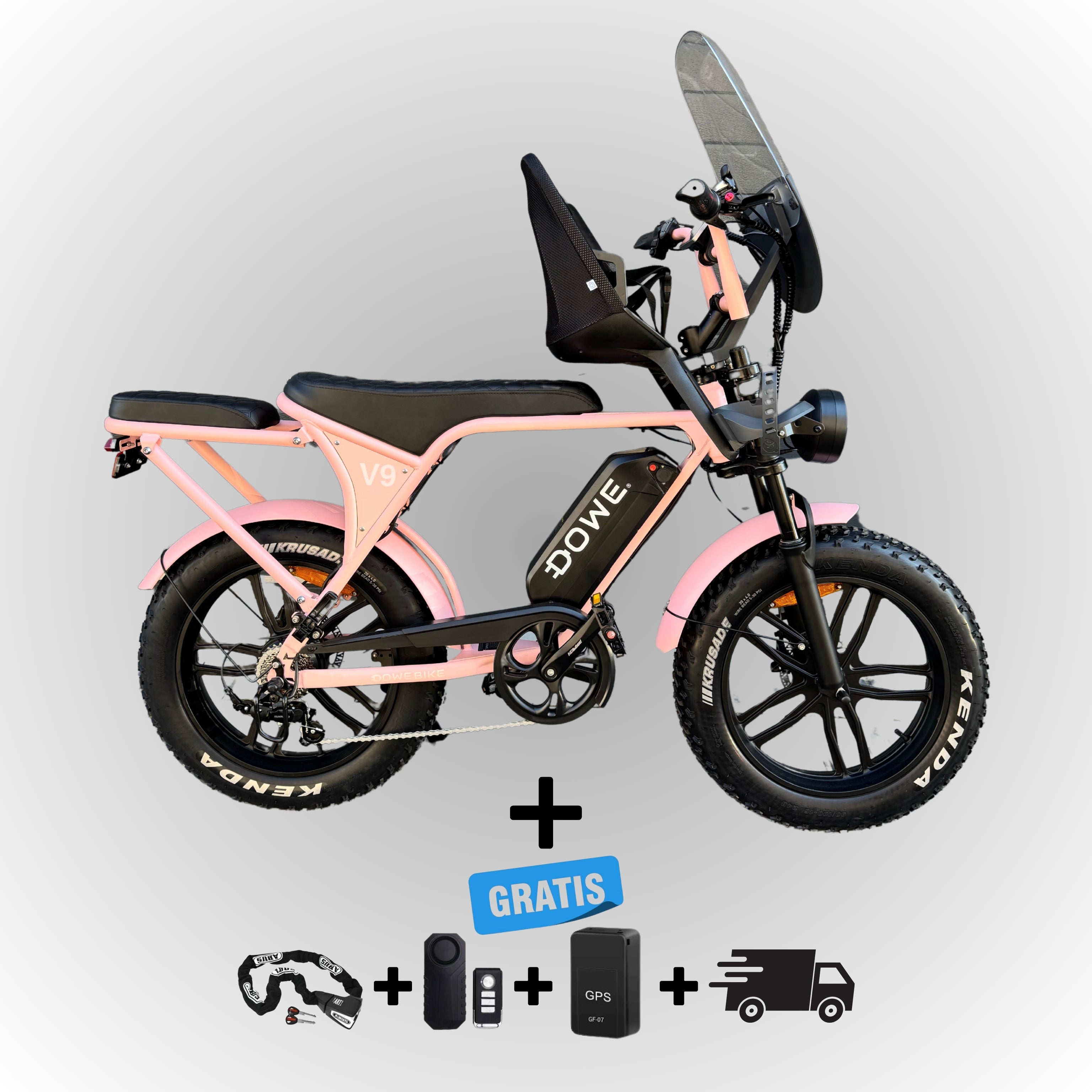 Elektrische fatbike 250W Dowe V9 met kinderzitje voor