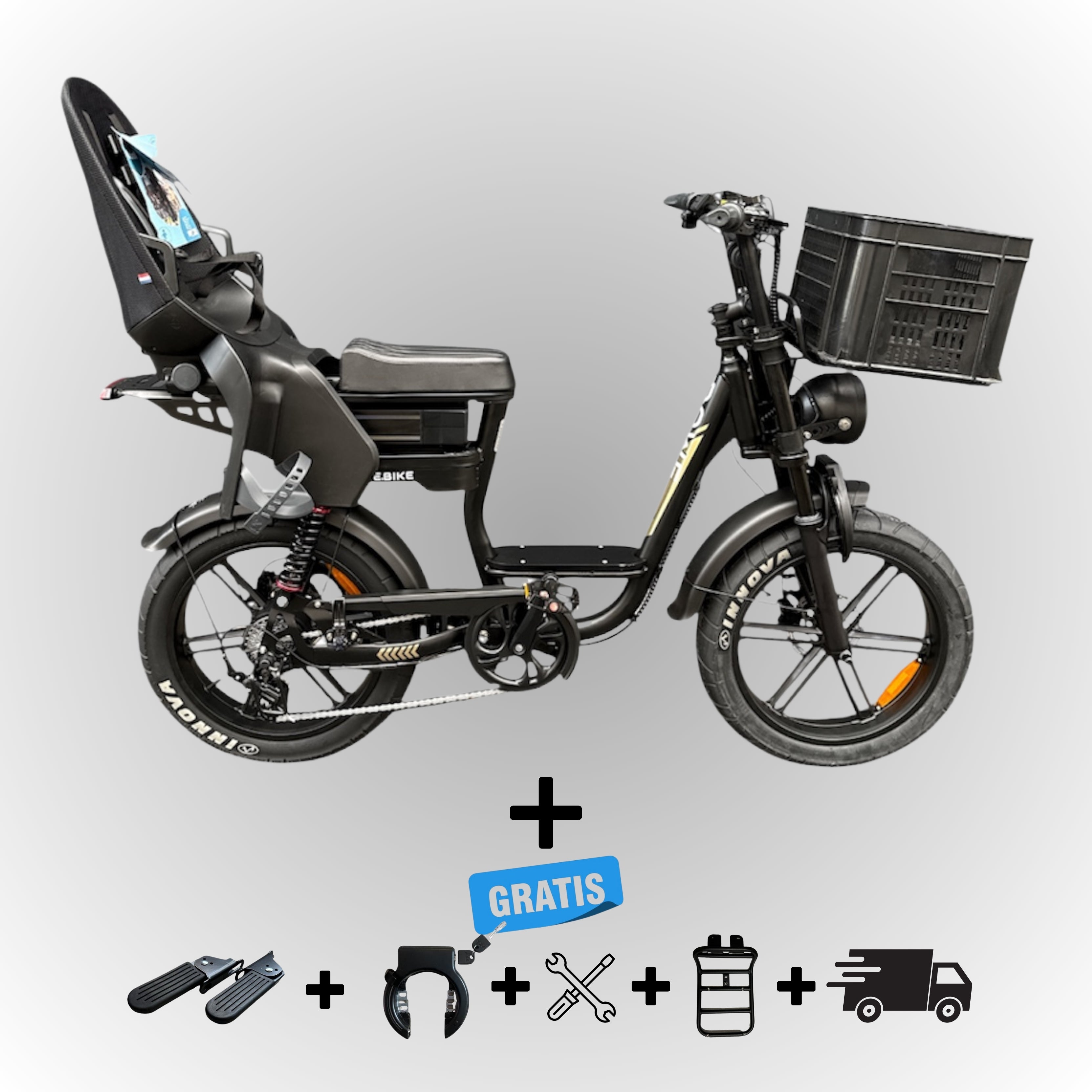 Elektrische fatbike 250W Dowe C28 met kinderzitje achter en voor-krat