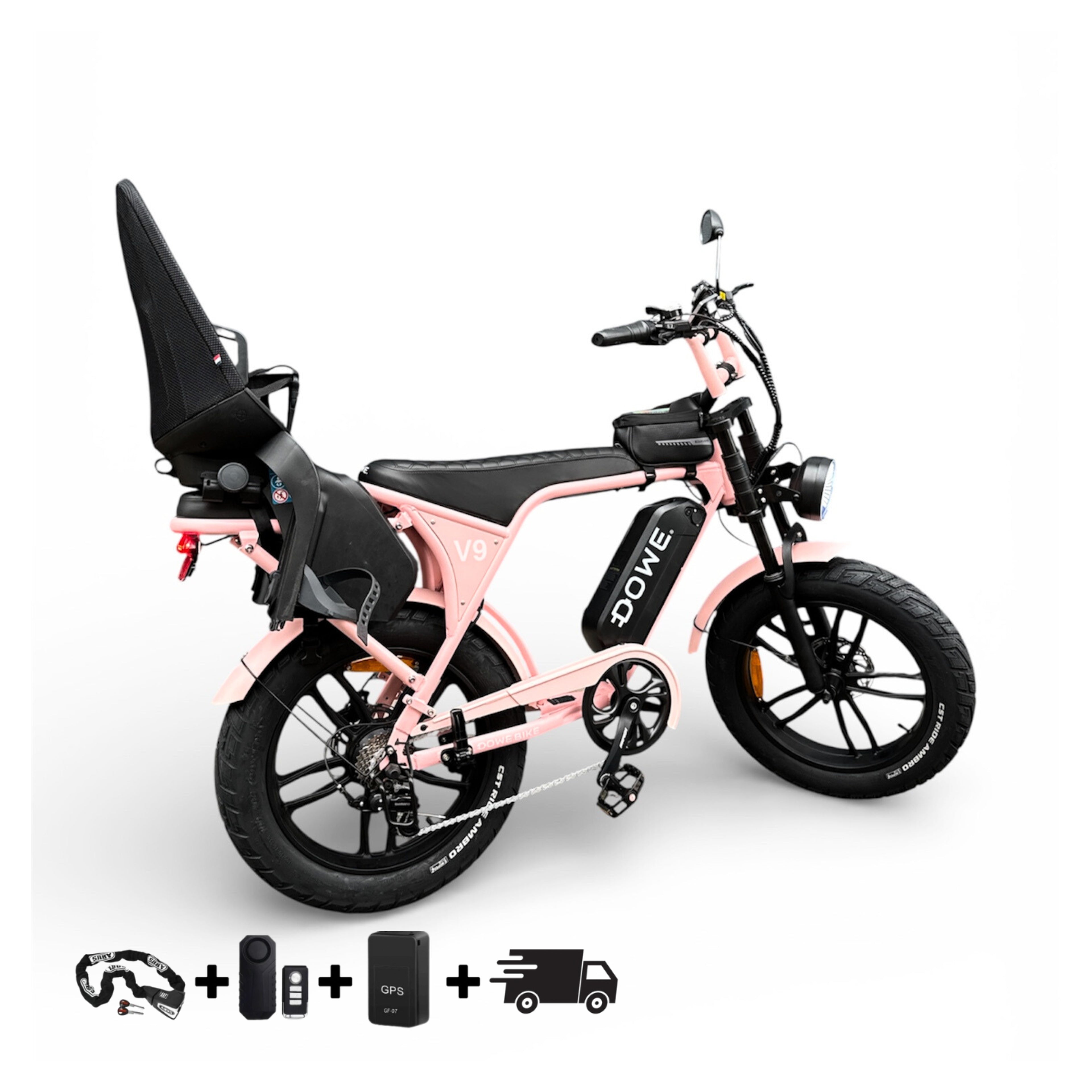 Dowe V9 Elektrische Fatbike met Kinderzitje Achter | Roze Fatbike| Family Fatbike