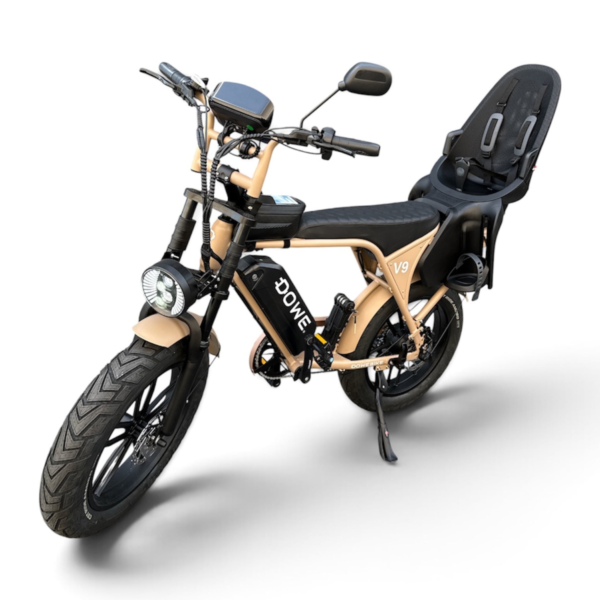 Dowe V9 Elektrische Fatbike met Kinderzitje Achter - Mokka | Family Fatbike tot 6 jaar (22 kg)