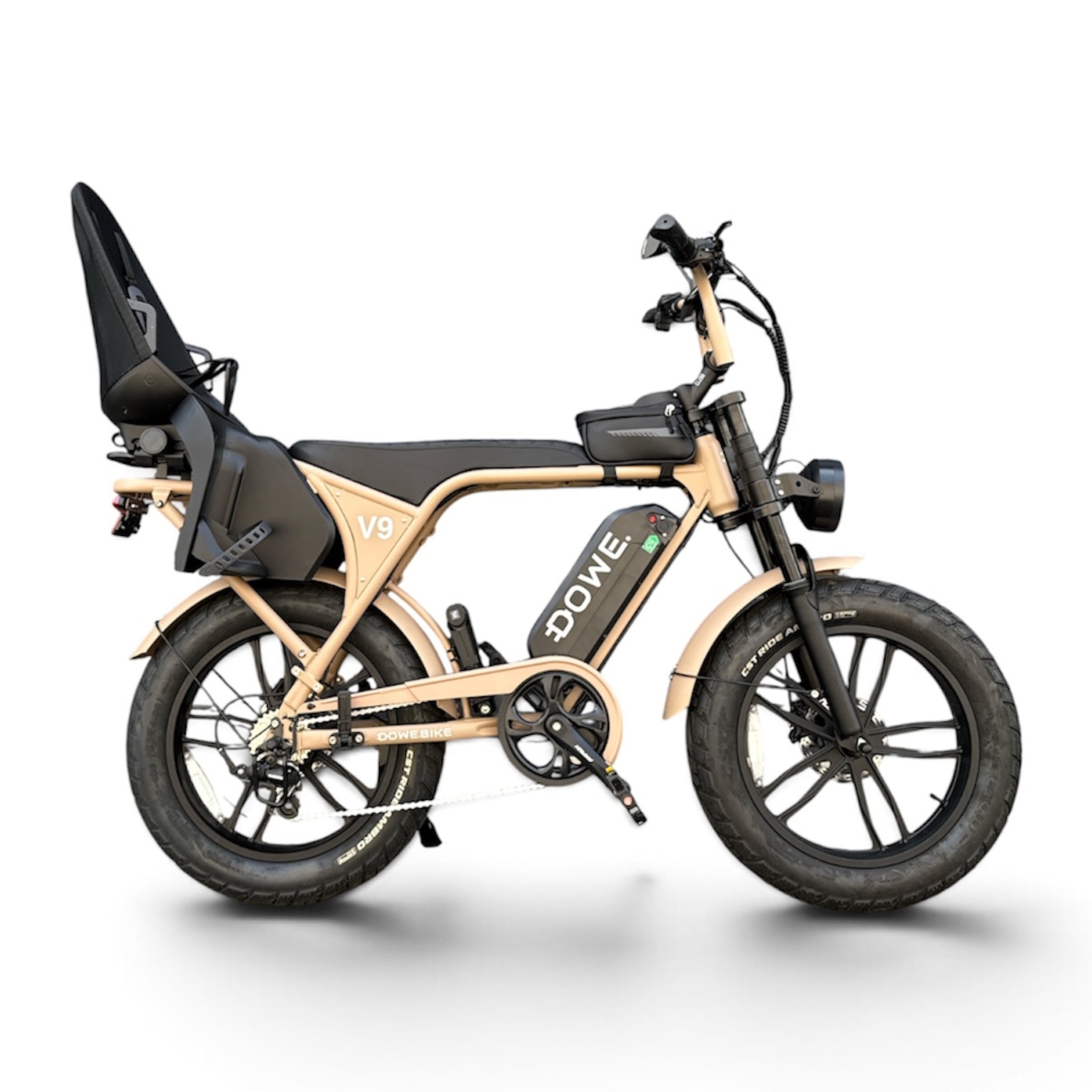 Dowe V9 Elektrische Fatbike met Kinderzitje Achter - Mokka | Family Fatbike tot 6 jaar (22 kg)