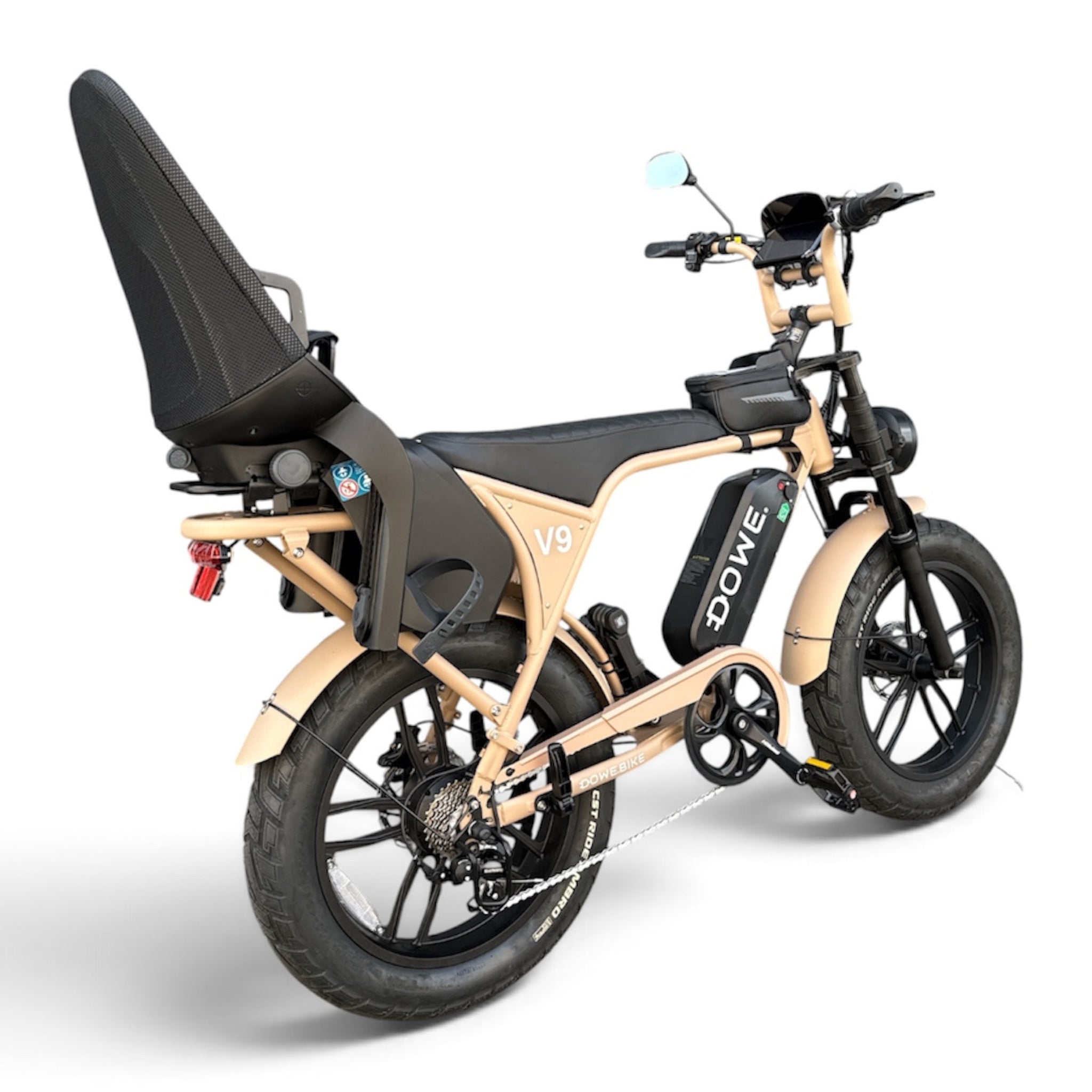 Dowe V9 Elektrische Fatbike met Kinderzitje Achter - Mokka | Family Fatbike tot 6 jaar (22 kg)