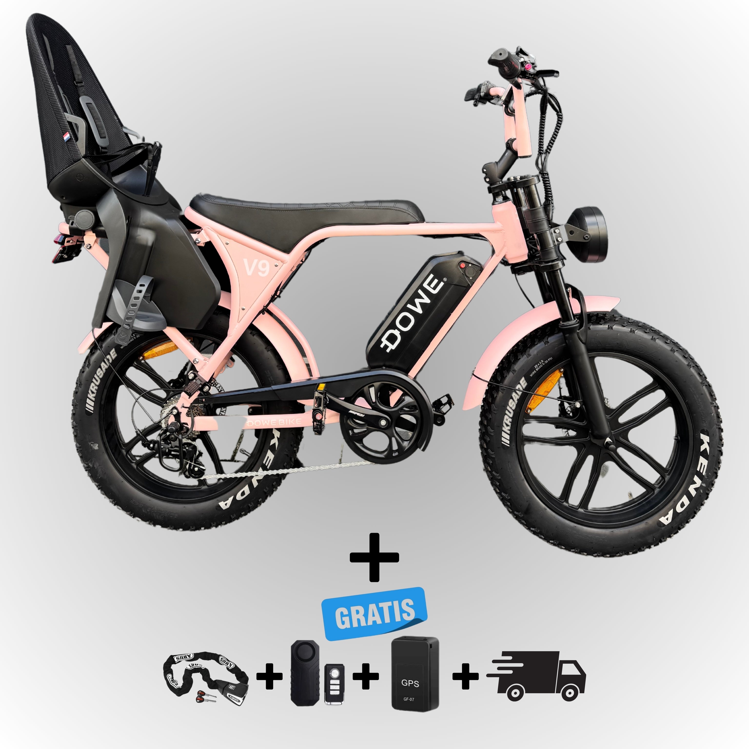 Elektrische fatbike 250W Dowe V9 roze met kinderzitje achter