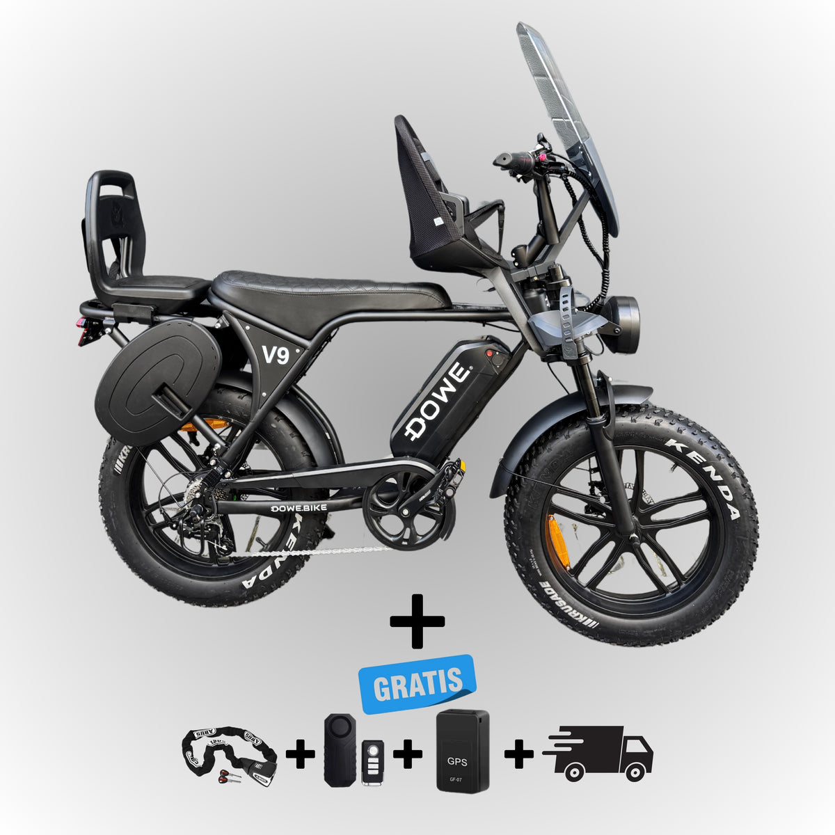 Dowe V9 Elektrische Fatbike met Kinderzitjes - Zwart | Maximaal Uitgerust + Gratis Extra's!