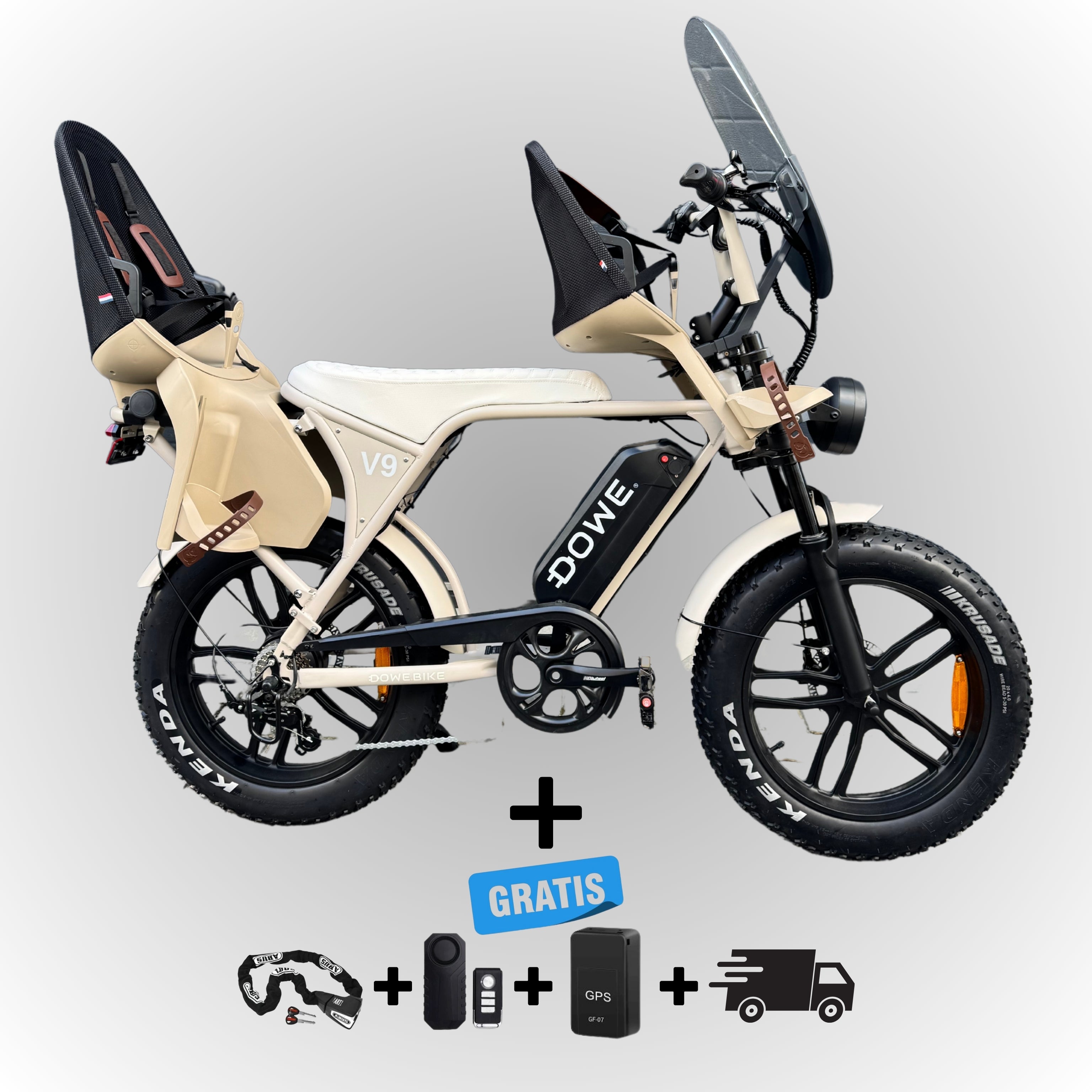 Elektrische fatbike 250W Dowe V9 zand met kinderzitjes