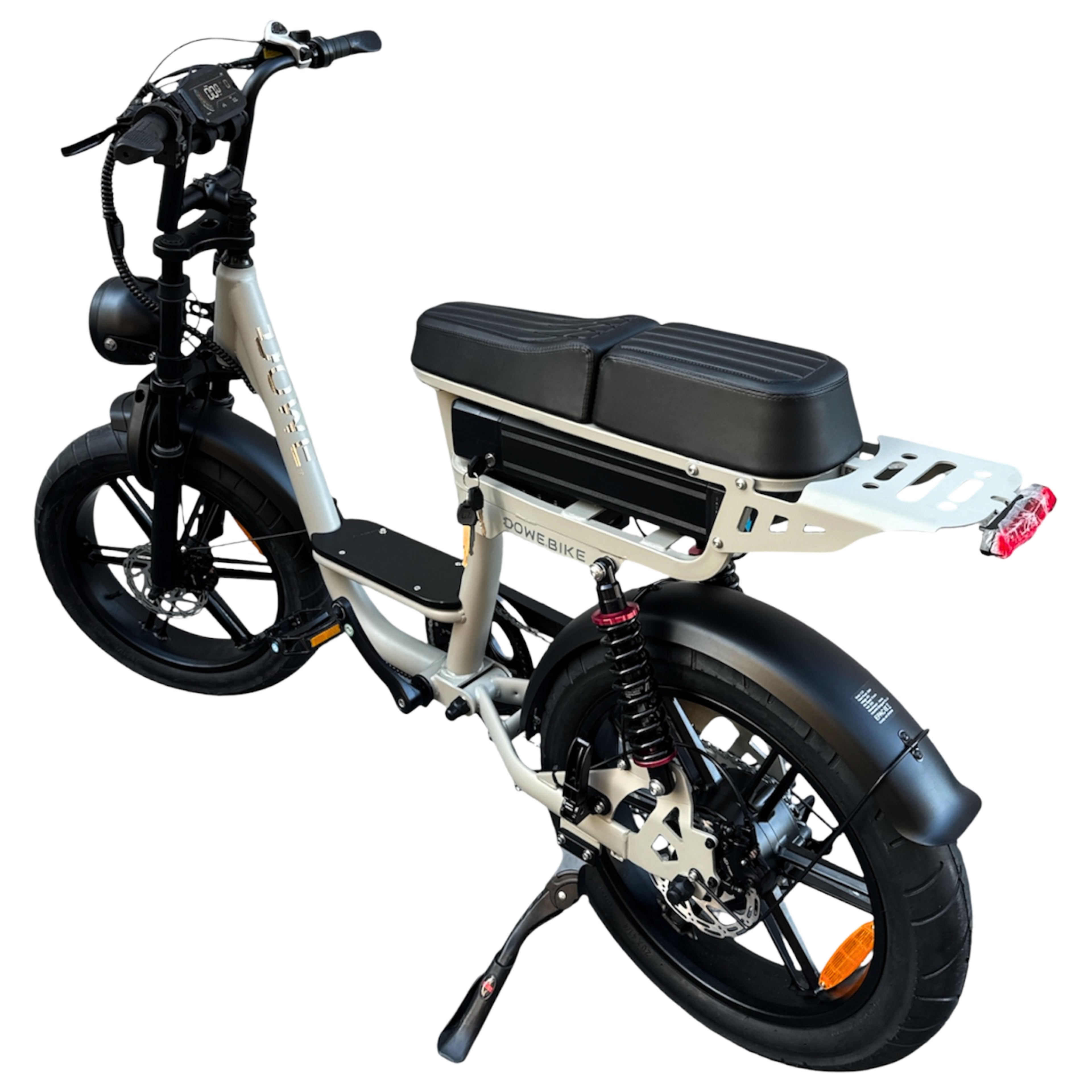 Dowe V20 Comfort beige zijaanzicht – lage instap fatbike met voorrek en voetsteuntjes, rijklaar geleverd