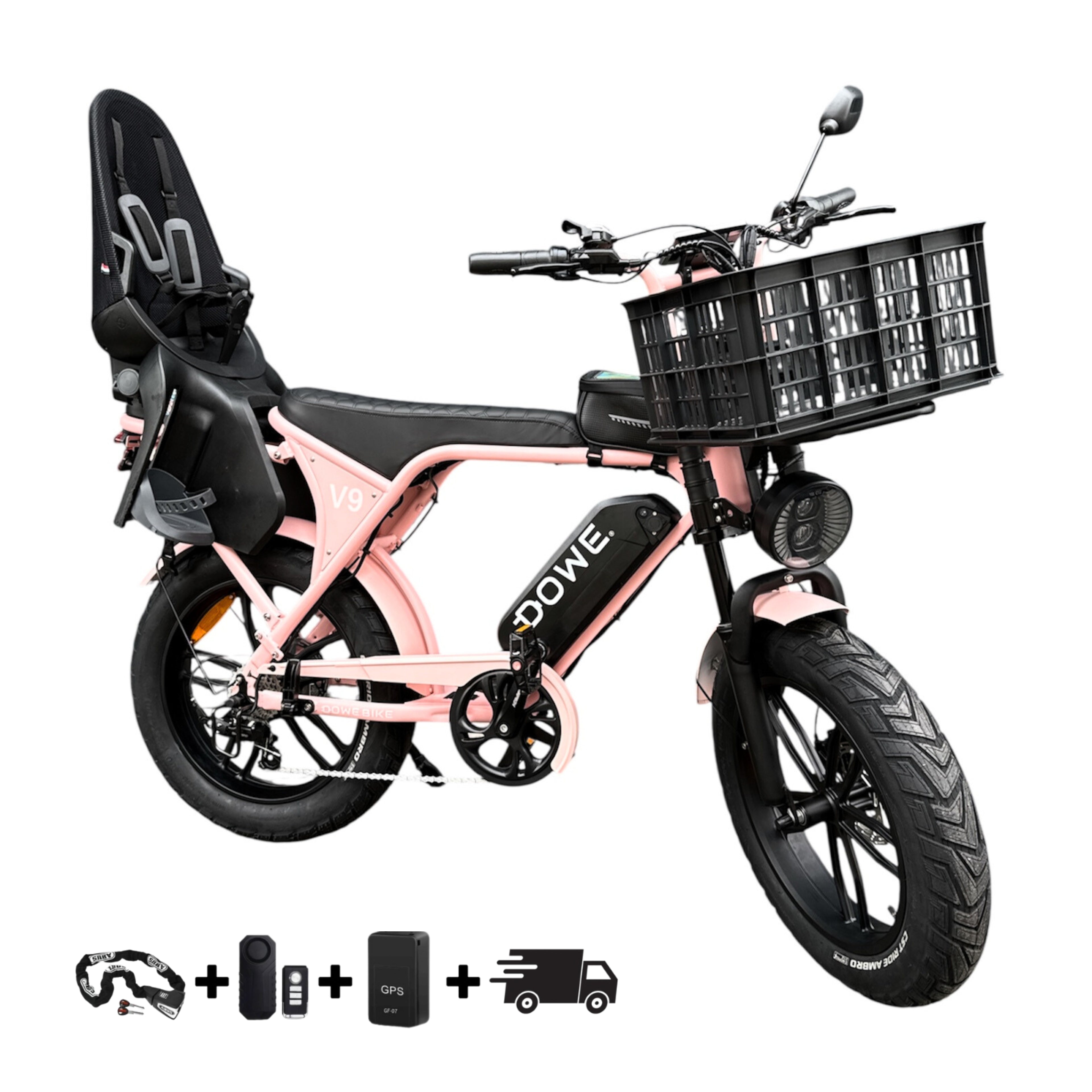 Elektrische Fatbike 250W met Kinderzitje + Krat – Dowe V9 Roze