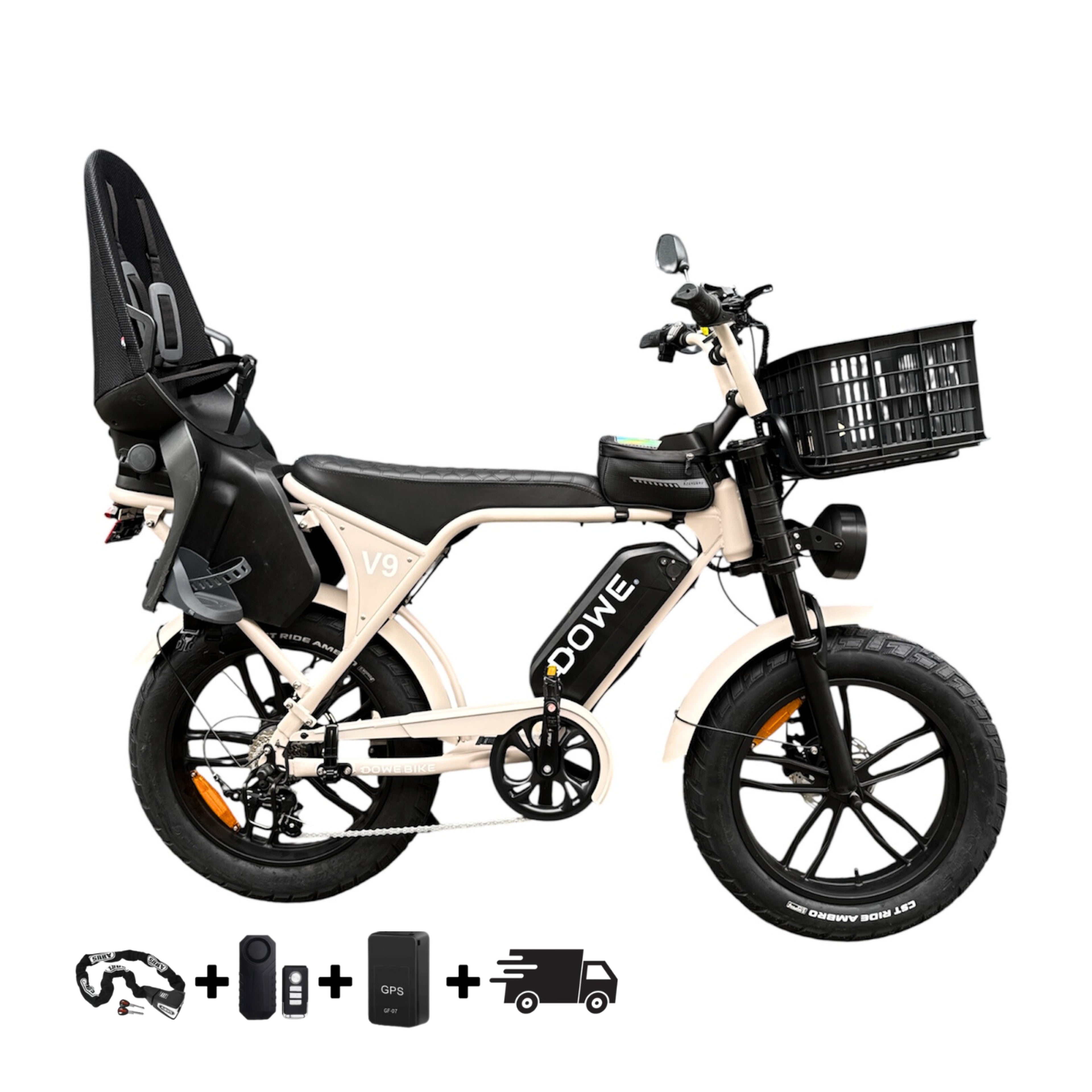 Elektrische Fatbike 250W met Kinderzitje + Krat – Dowe V9 Beige